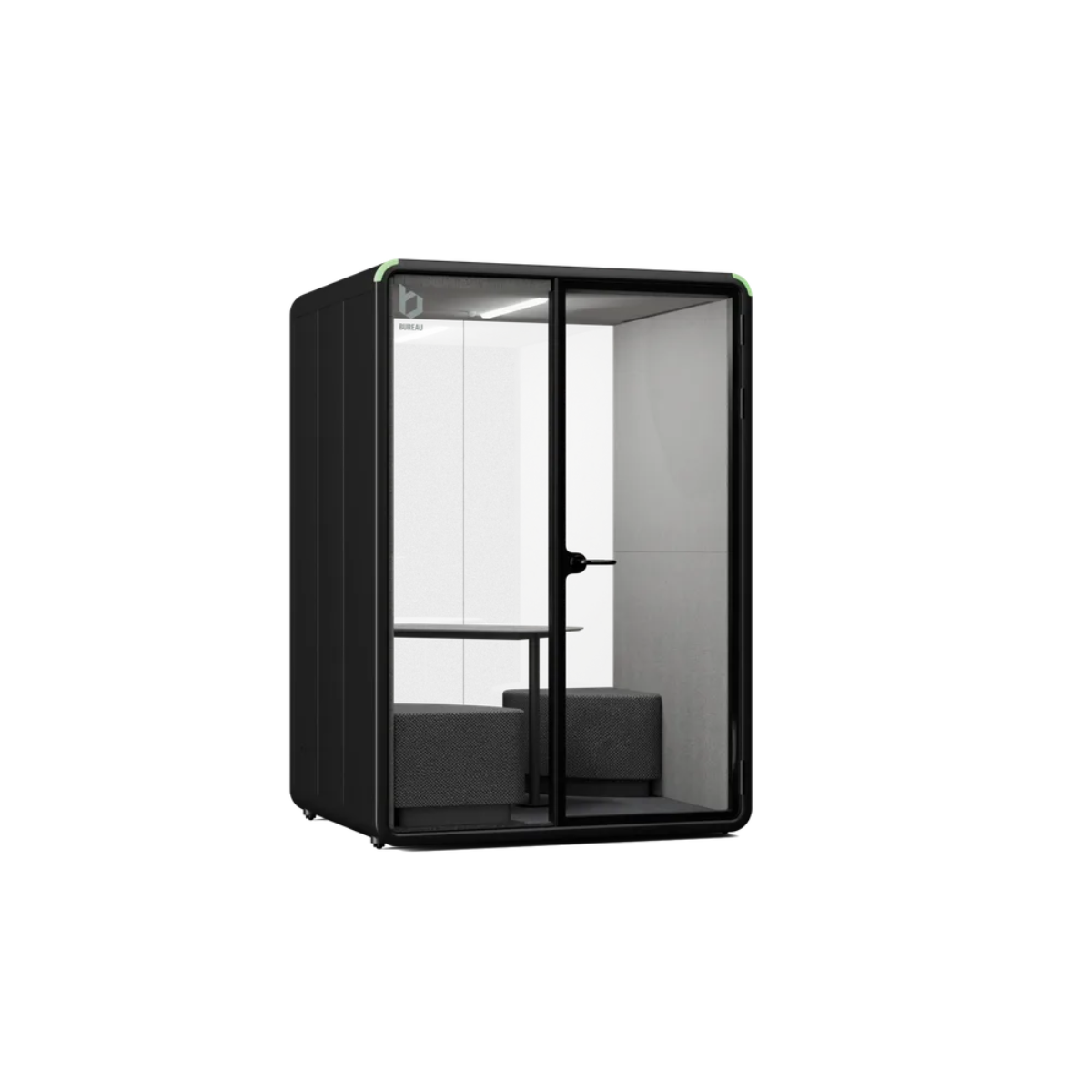 A modern black privacy pod phone booth with glass panels, a built-in desk, and a gray upholstered bench inside, shown on a plain white background.