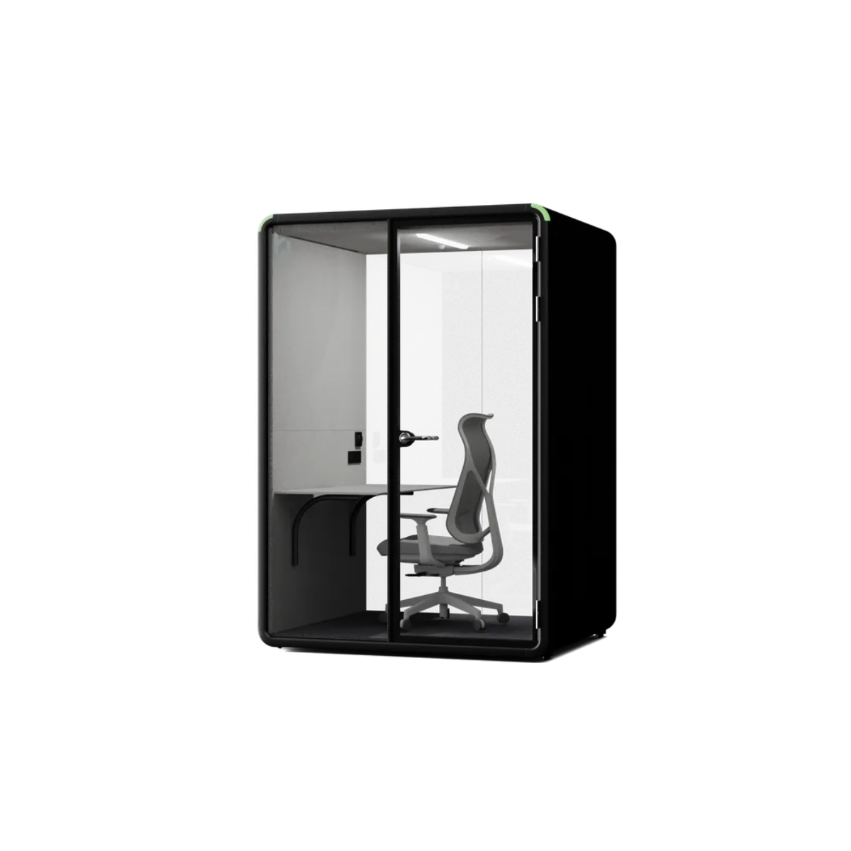 A modern black office privacy booth with a glass door and side panel, shown on a plain white background. Inside, a gray office chair and desk are visible.