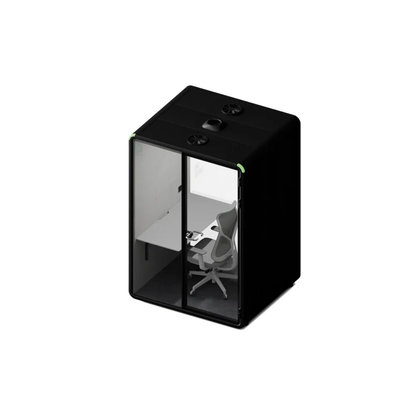 A black modular office pod with transparent glass panels, showing a gray office chair inside, isolated on a white background.