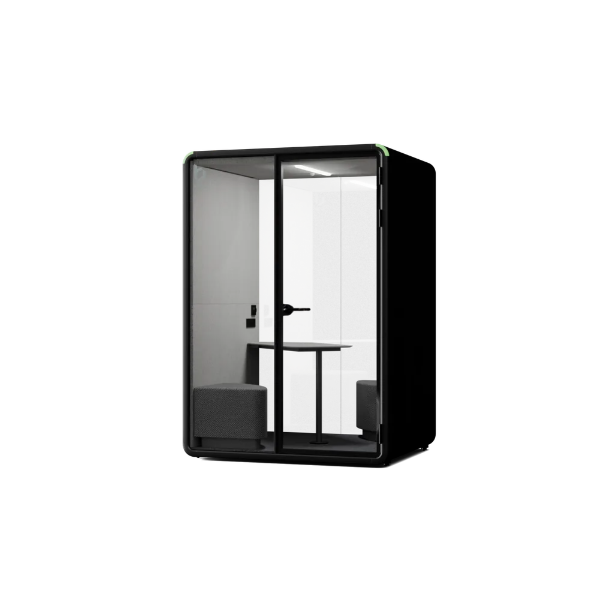 A modern black acoustic phone booth with a glass door and interior table, shown on a plain white background.