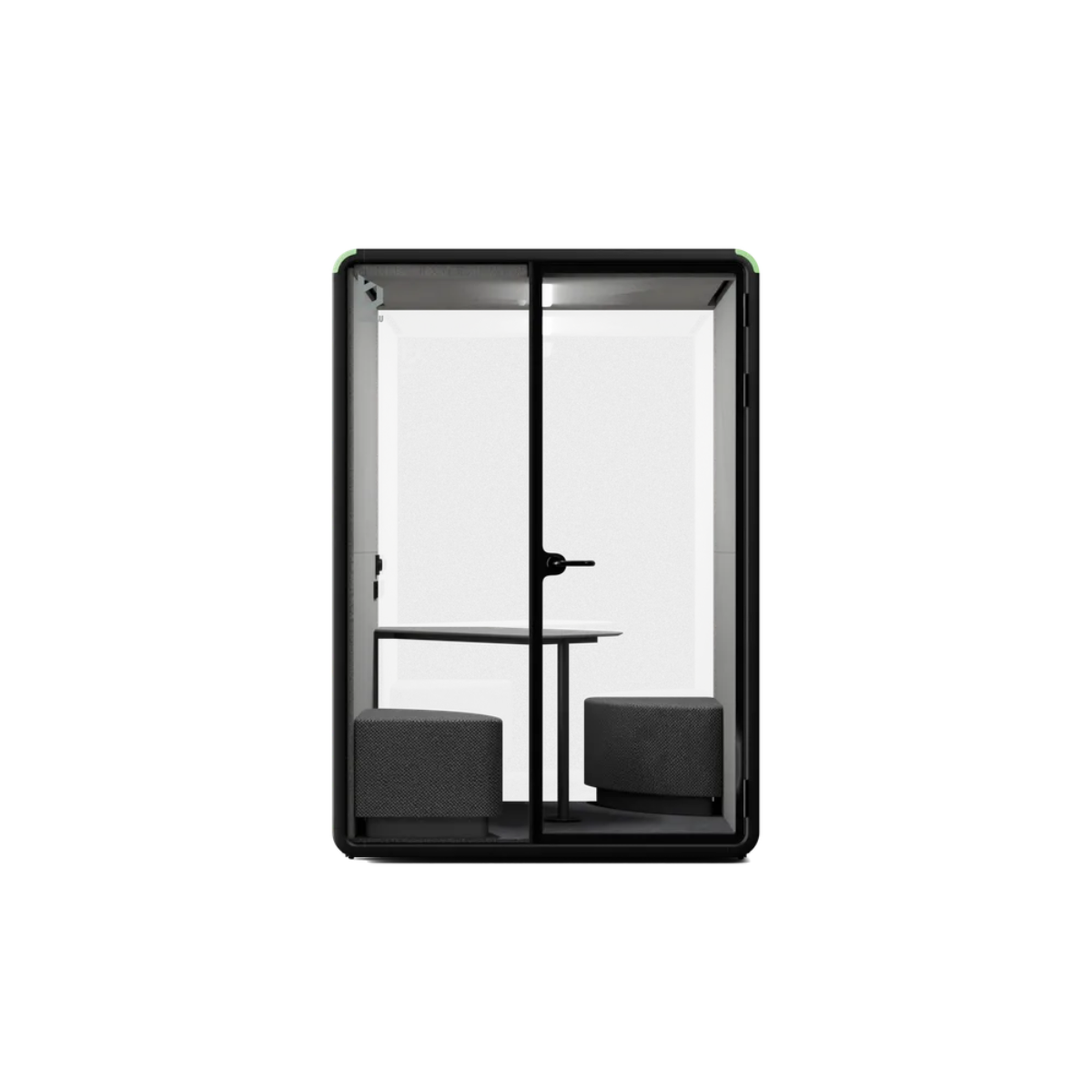 A modern black privacy call room with a glass front door, interior table, and two dark gray seating pods, shown on a plain white background.