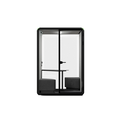 A modern black privacy call room with a glass front door, interior table, and two dark gray seating pods, shown on a plain white background.