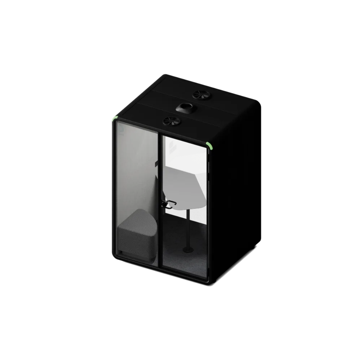 A black rectangular acoustic recording booth with clear glass doors, showing a gray chair and stand inside, isolated on a white background.
