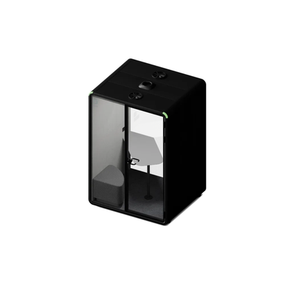 A black rectangular acoustic recording booth with clear glass doors, showing a gray chair and stand inside, isolated on a white background.