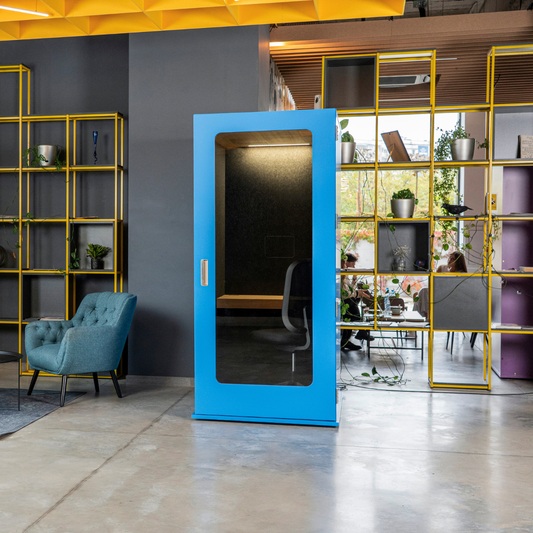 Meavo Workstation pod in blue rendered in an office. 
