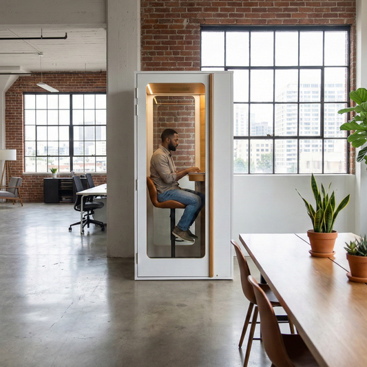 Person sitting in a small office pod with large windows and a desk in the background