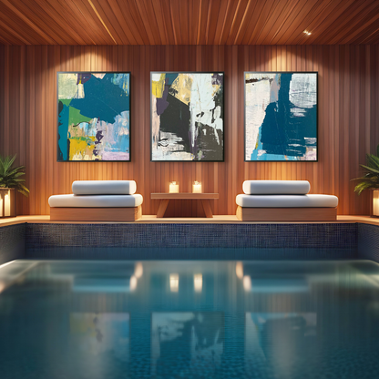 Indoor pool area with abstract art on the wall and seating.