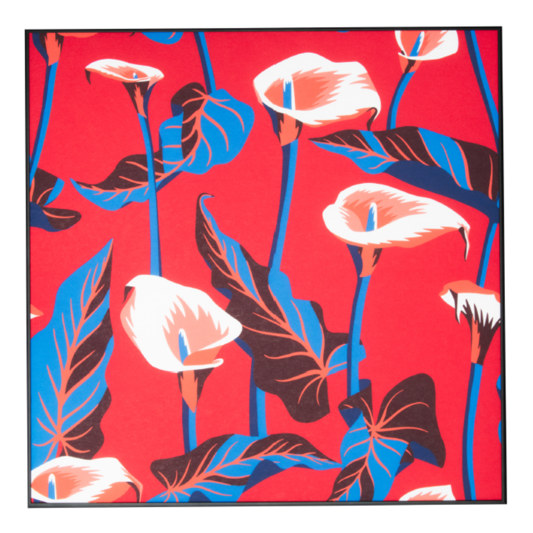 Floral pattern with white flowers and blue leaves on a red background
