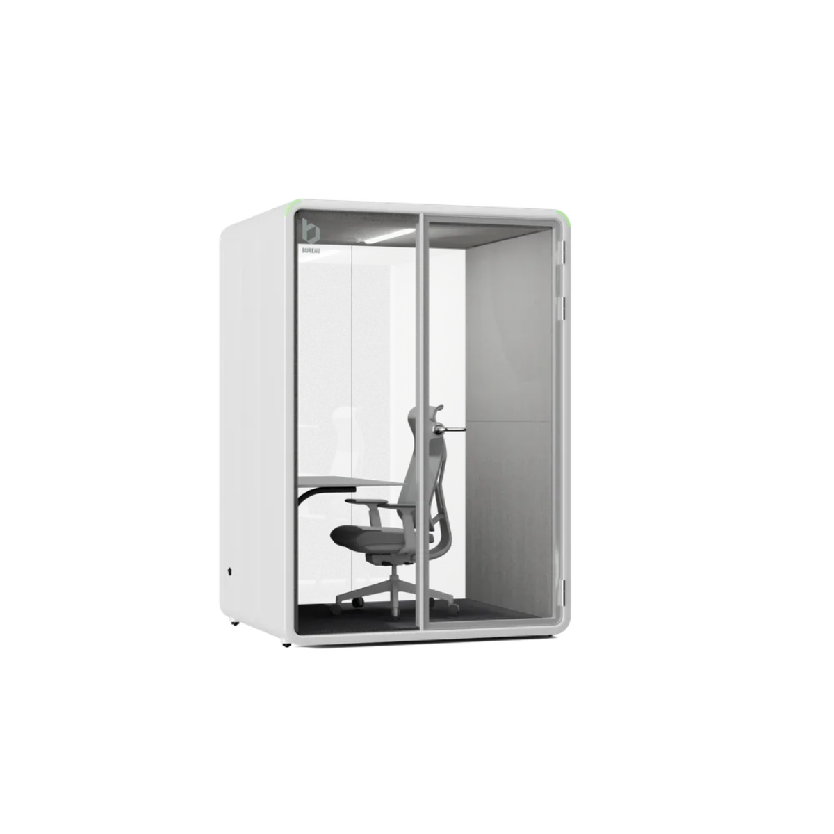 A modern white office privacy booth with clear glass walls, shown with a gray office chair inside on a solid white background.