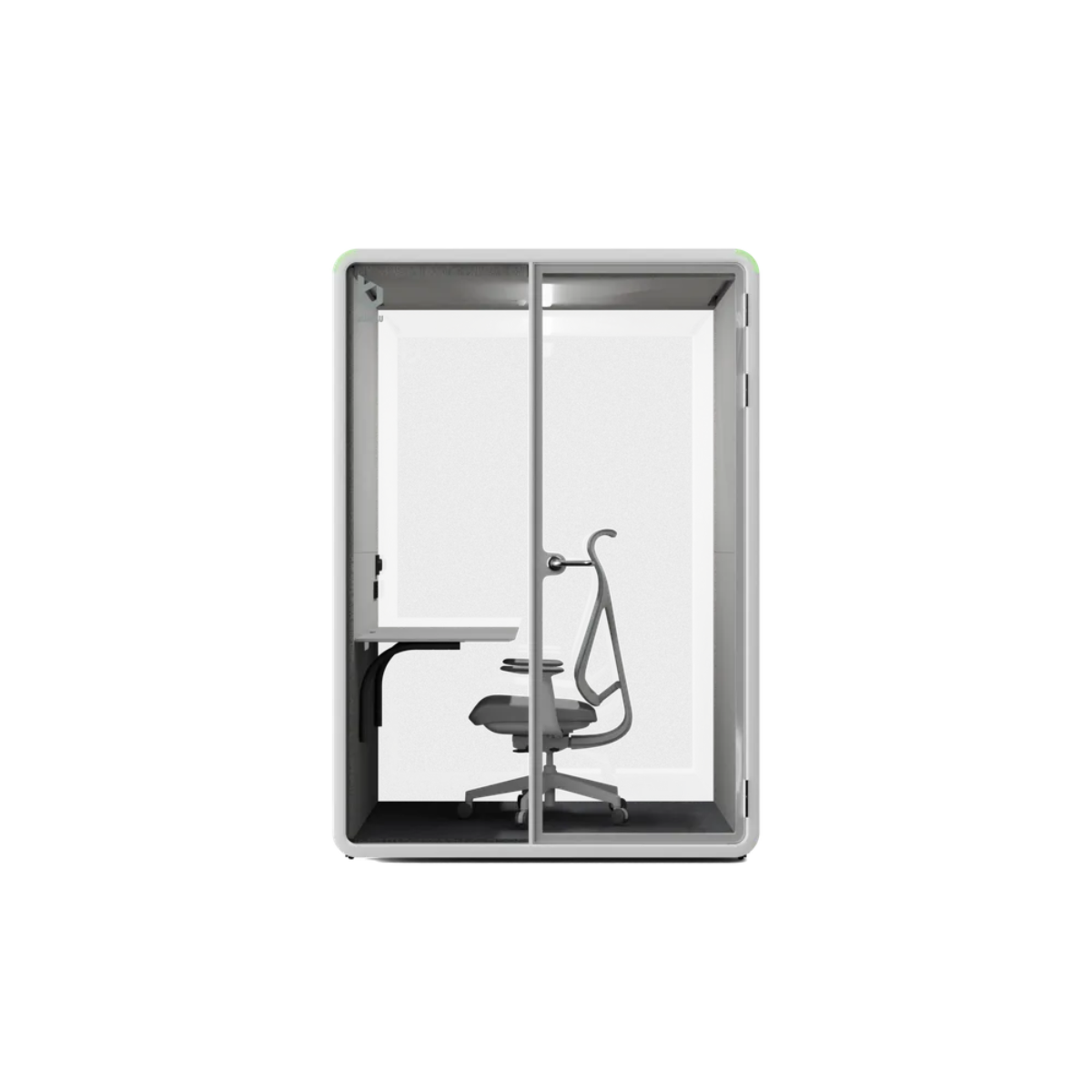 A modern glass privacy booth with a gray frame, featuring a built-in desk on the left side and a gray office chair inside, shown against a plain white background.