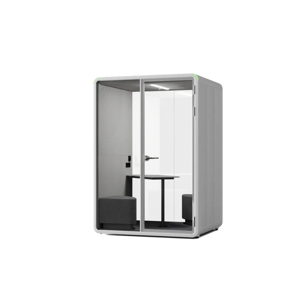 A modern gray meeting pod with clear glass walls and doors, shown on a plain white background. Inside, a small table and dark seating are visible.