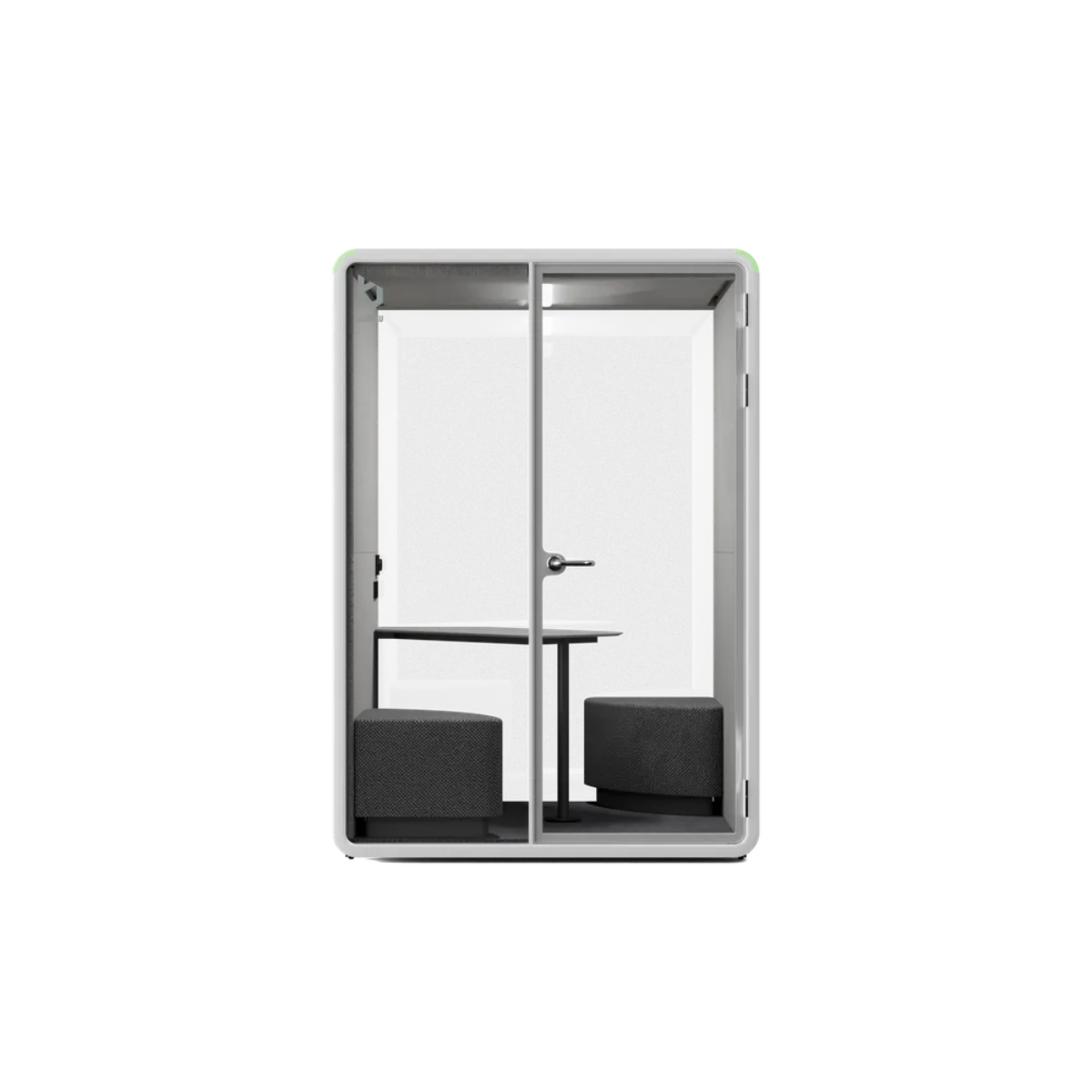 A modern, minimalist privacy booth with a light gray frame and clear glass doors, featuring a small table and two dark gray chairs inside, set against a solid white background.