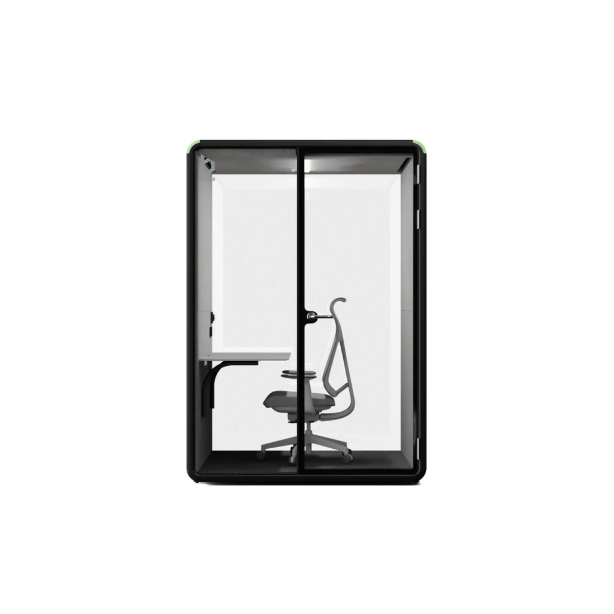 A modern black-framed glass privacy booth with a built-in desk and chair, shown from the front against a solid white background.