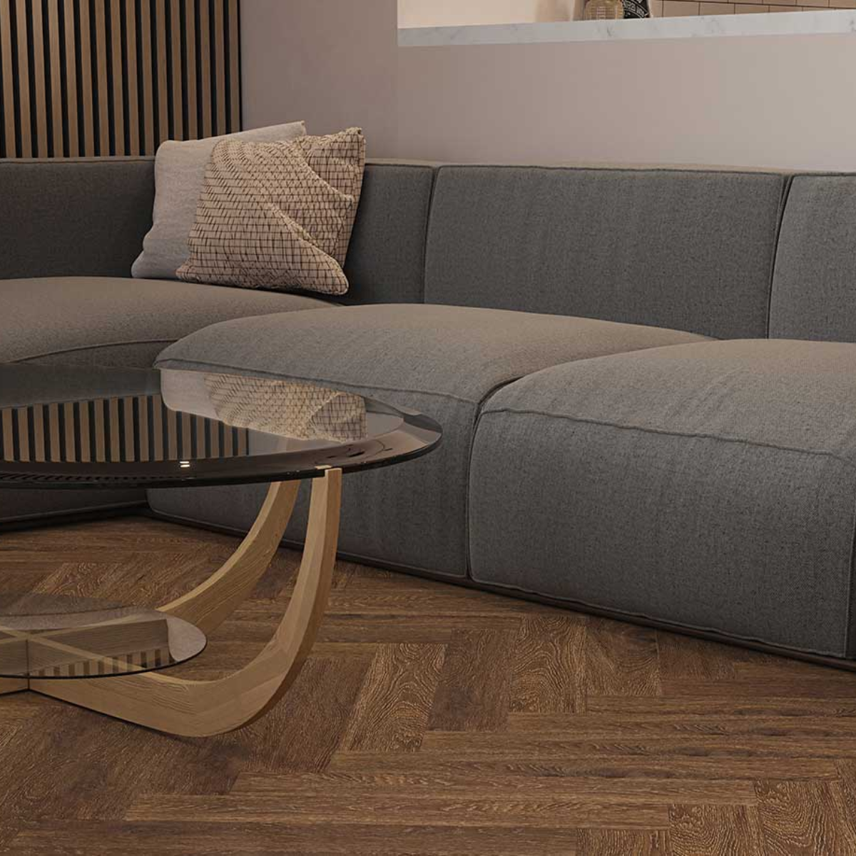 Gray sofa with a wooden coffee table on a wooden floor