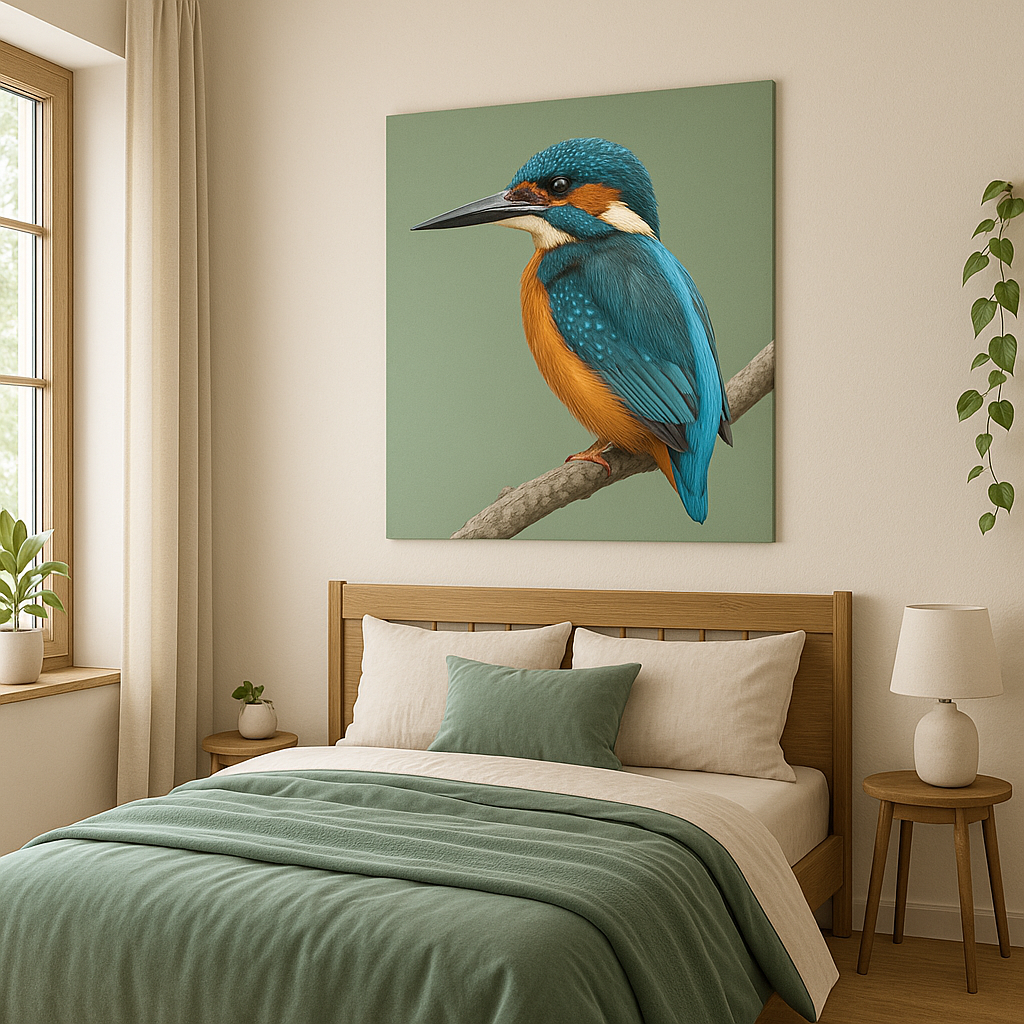 Bedroom with a kingfisher painting on the wall