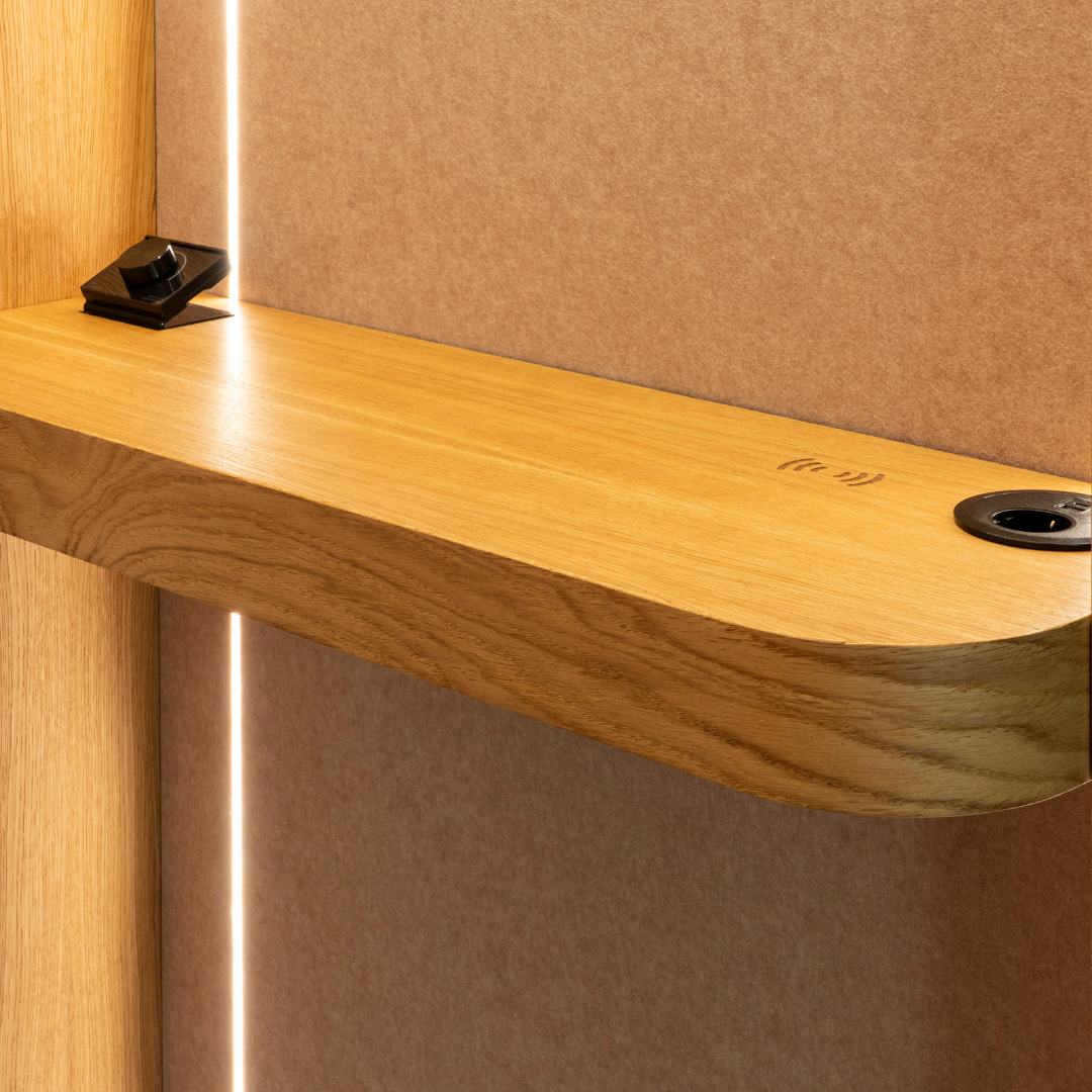 Oak shelf within the Haven pod