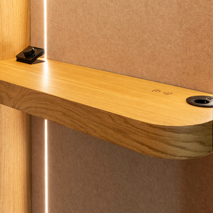 Oak shelf within the Haven pod
